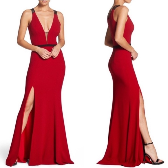 NWT Dress the Population Small Red Lana Plunging Neckline Strappy Gown Dress